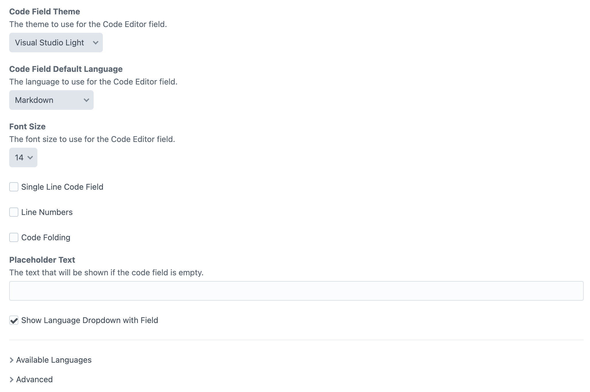Code Field Settings