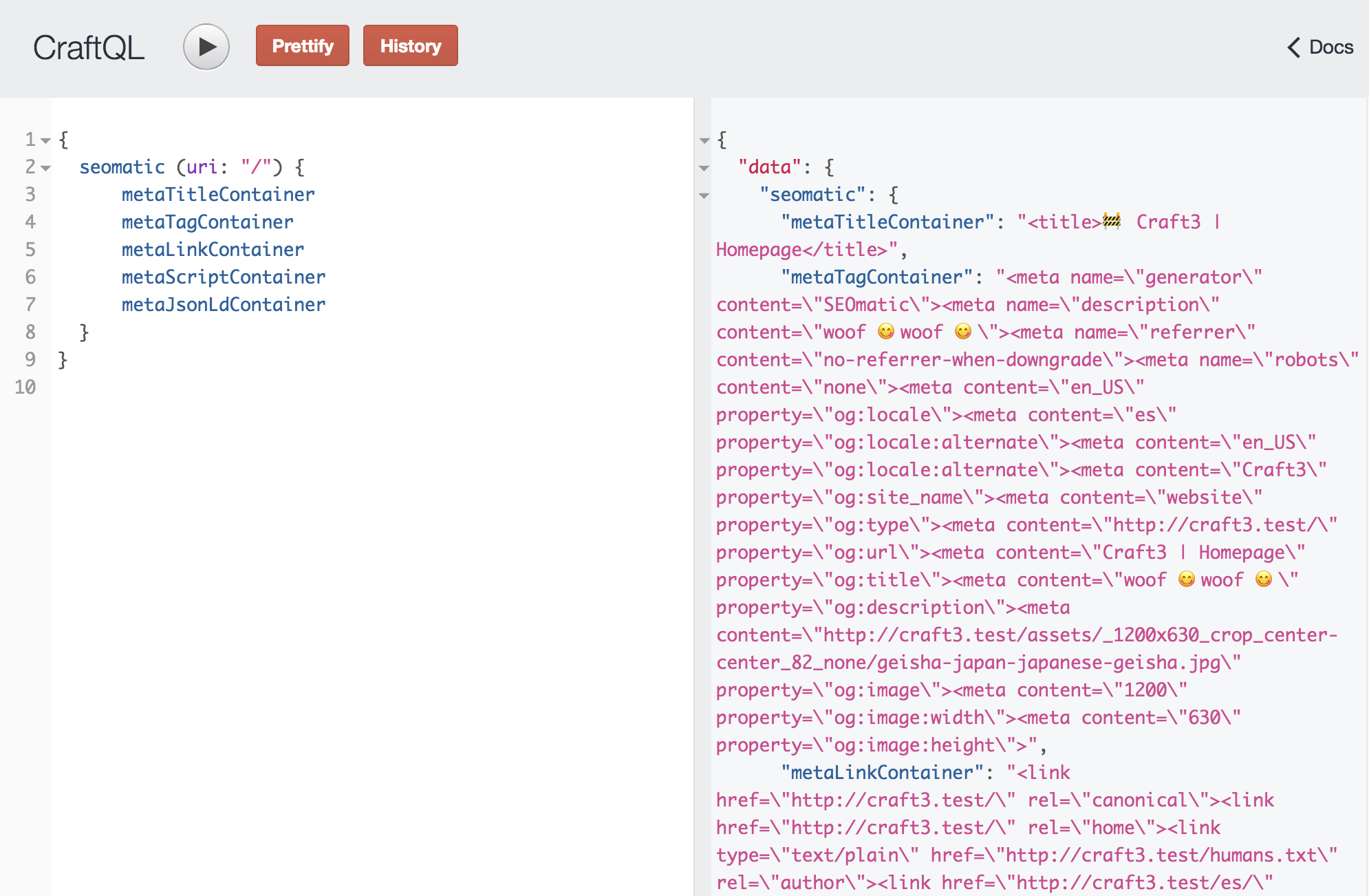 Screenshot of CraftQL for some reason demonstrating a GraphQL query