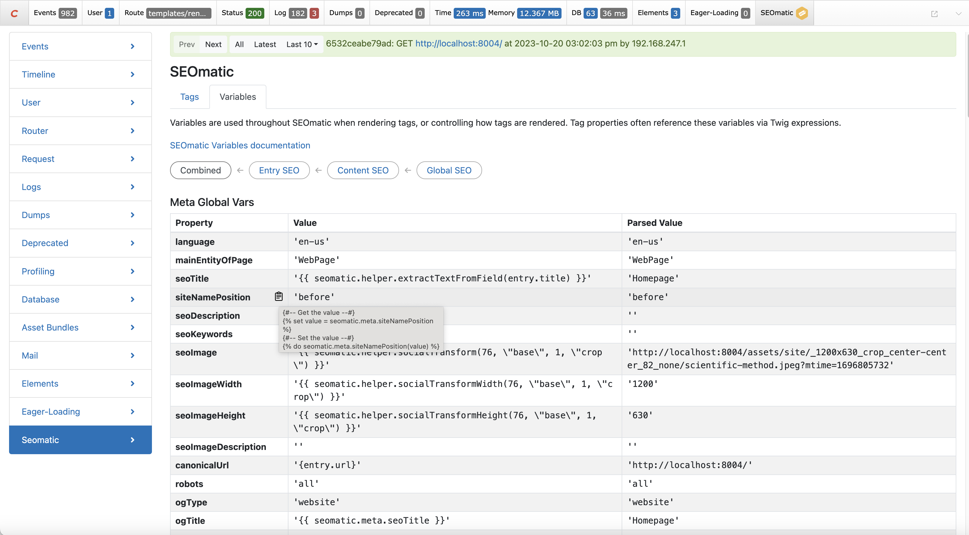 Screenshot of the SEOmatic debug toolbar section examining meta global vars, where the title text includes Twig usage tips