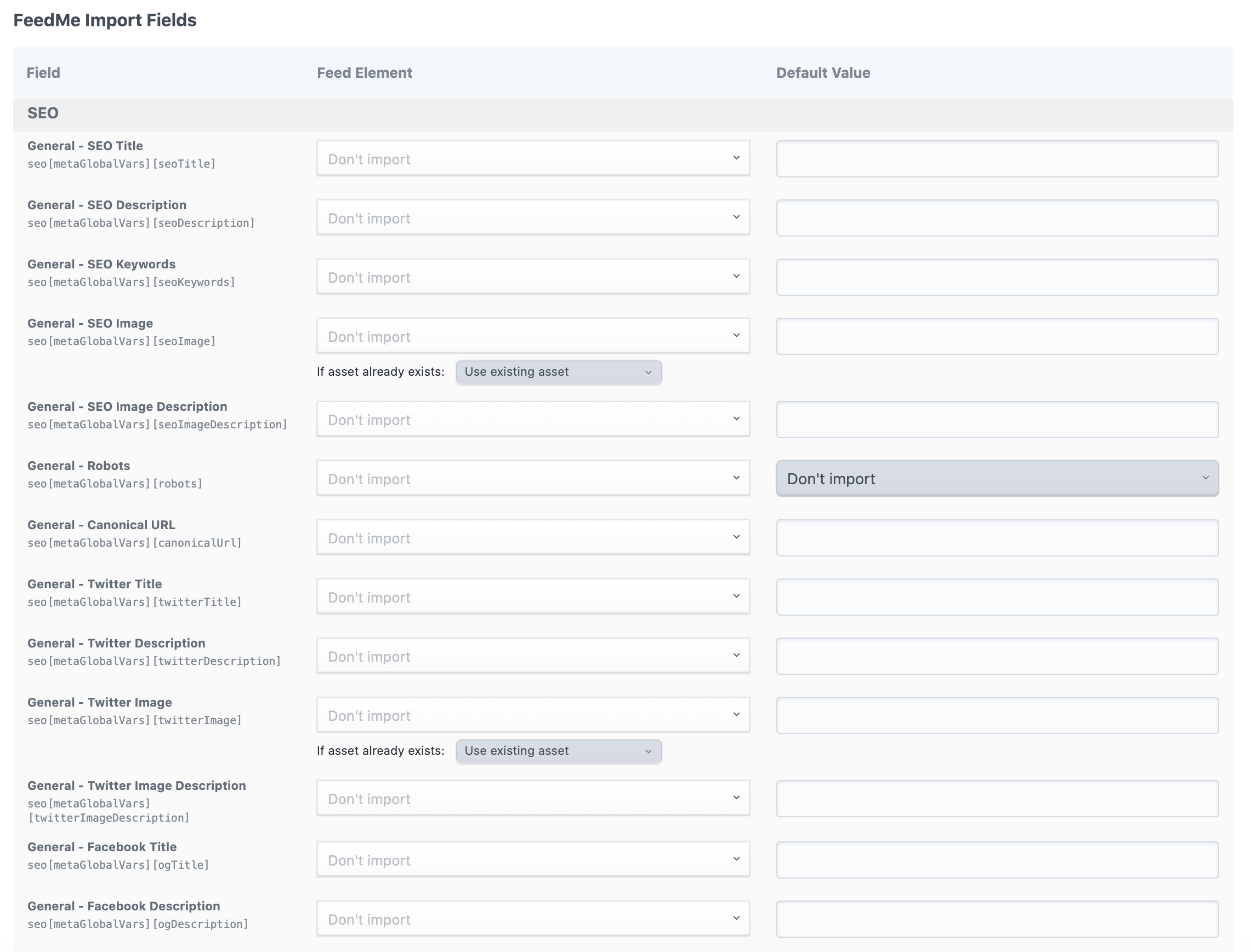 Screenshot of Feed Me import fields with a long list of SEO mappings