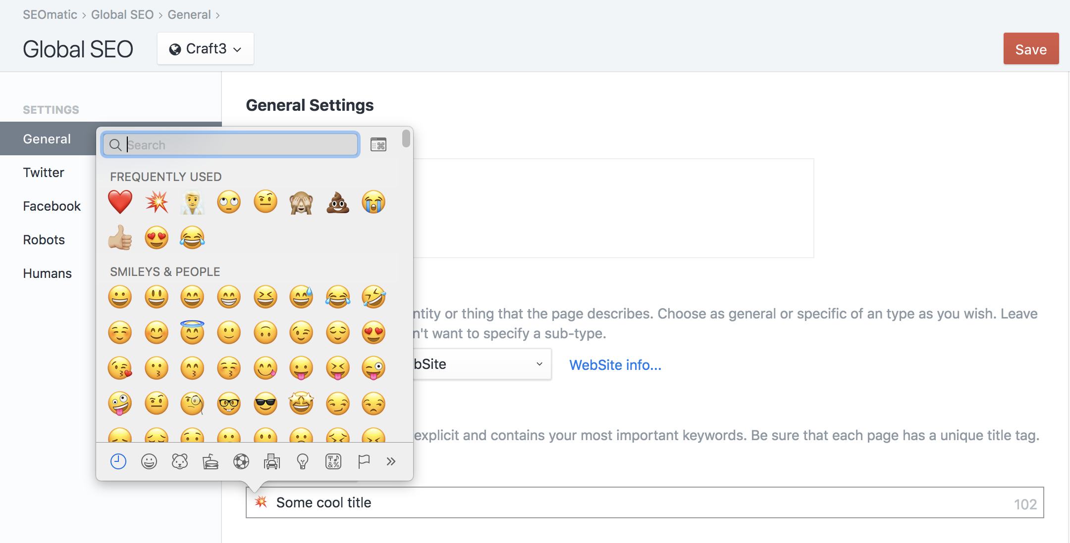 Screenshot of SEOmatic’s General settings in the Global SEO section, with the macOS emoji picker open and a boom emoji leading the global site title