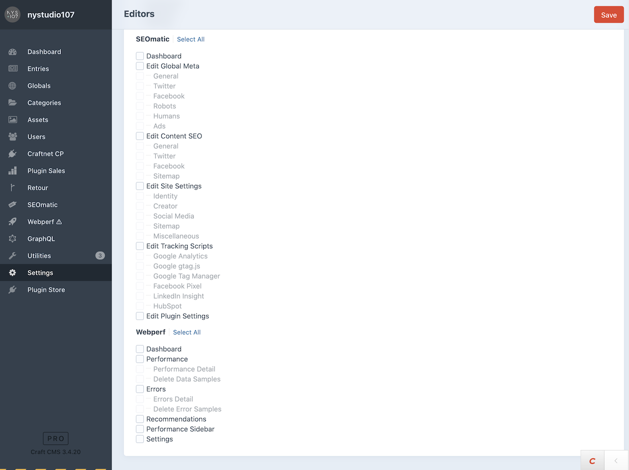 Screenshot of the SEOmatic section of Craft’s User Group permissions, which includes the items detailed below