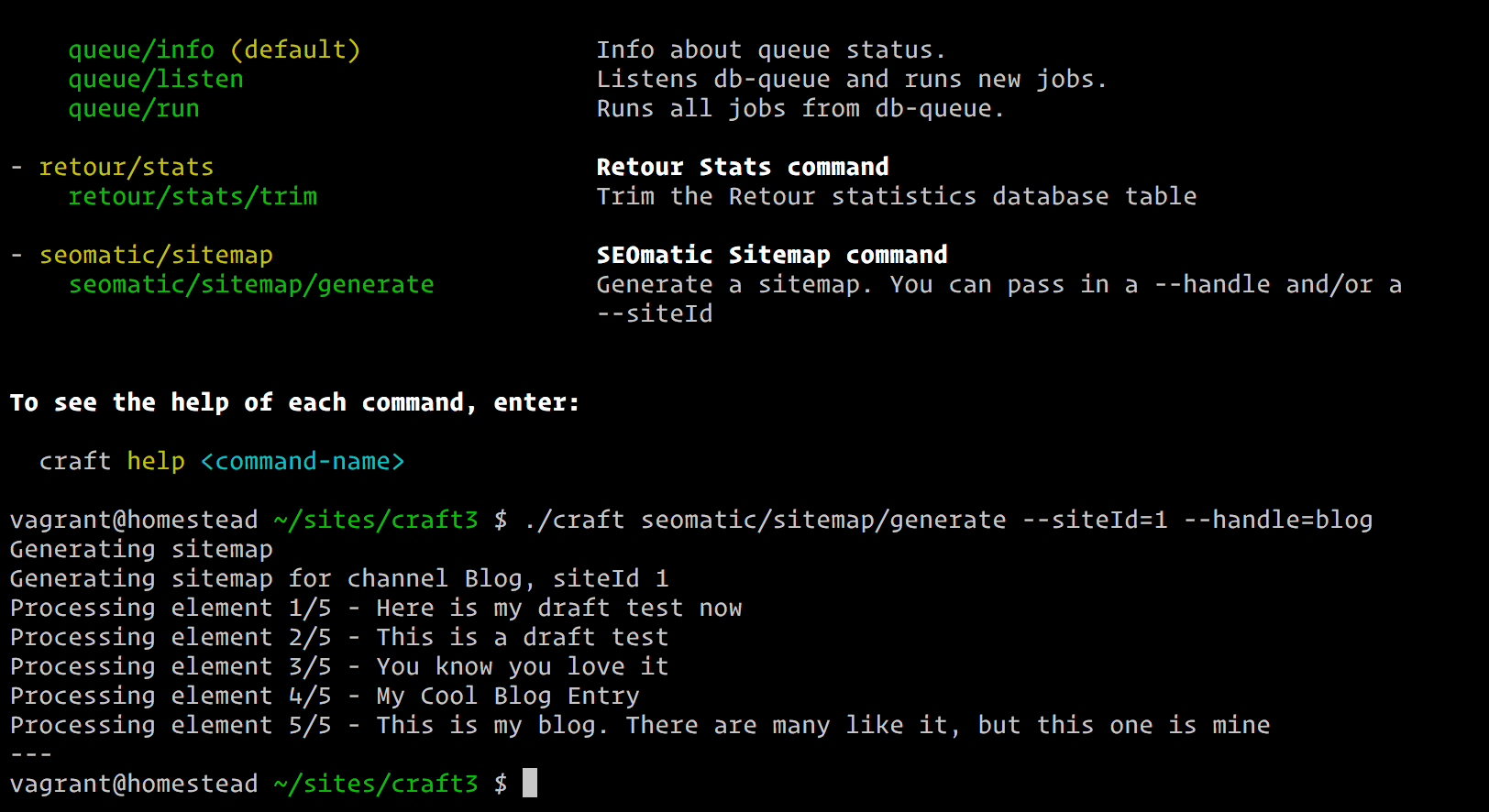 Screenshot of a console running the following command to generate a blog sitemap: 